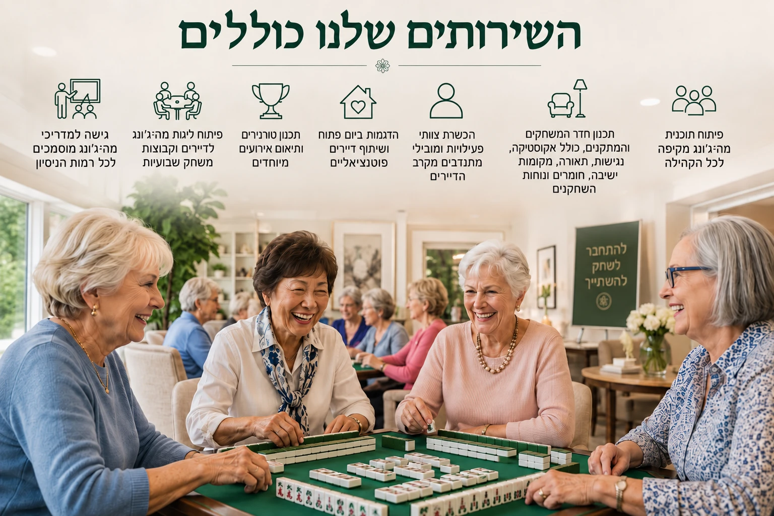 שירותי ייעוץ מהג'ונג: גיוס מדריכים, ליגות דיירים, טורנירים והדרכת צוות לקהילות בכירים ומבוגרים פעילים