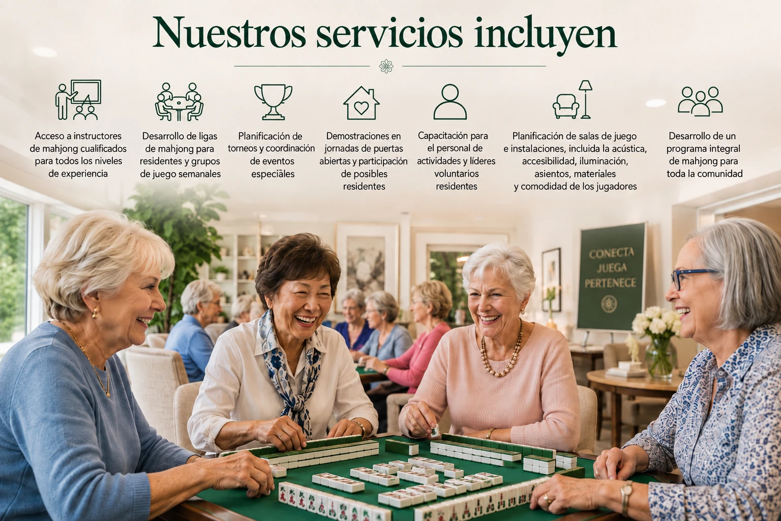 Servicios de consultoría de Mahjongg: contratación de instructores, ligas de residentes, torneos y capacitación de personal para comunidades de adultos mayores y adultos activos